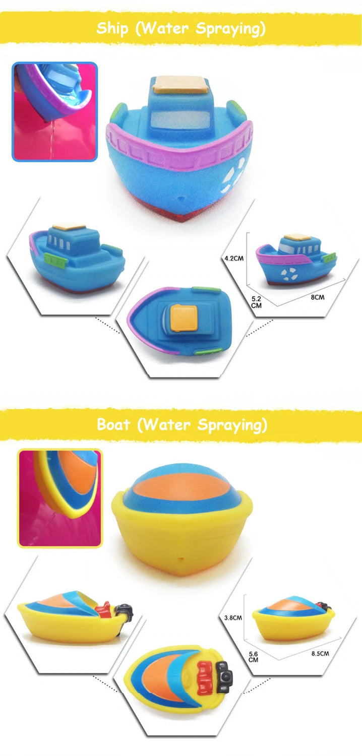 Set of bath toys including a boat and a cartoon animal, designed for water spraying play.