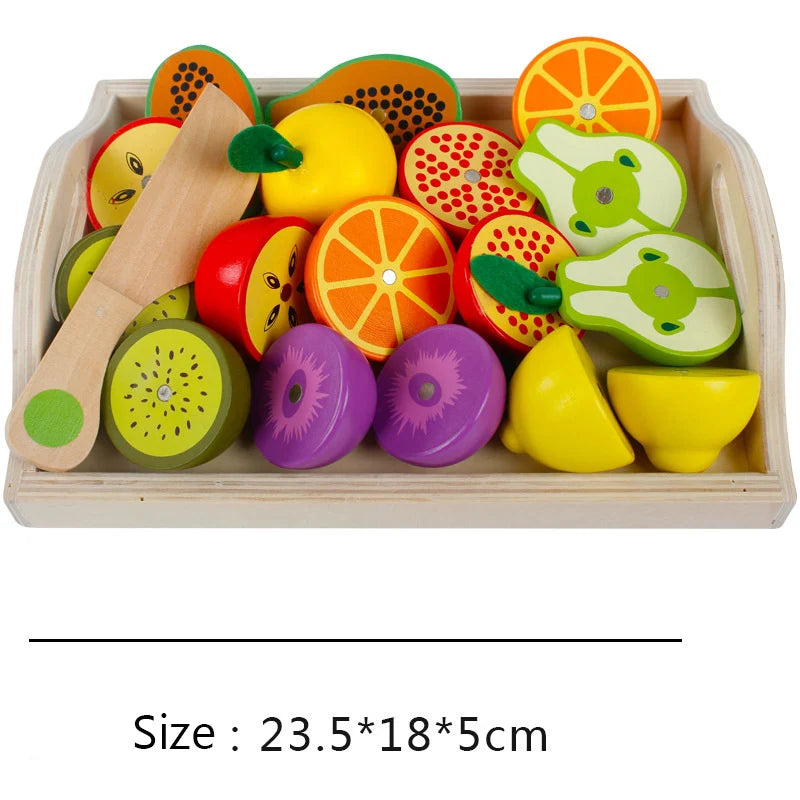 A wooden magnetic fruit and vegetable cutting play set featuring various colorful, round shapes.