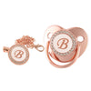 Rose gold bling baby pacifier clip with silicone holder featuring a pearl-encrusted letter B