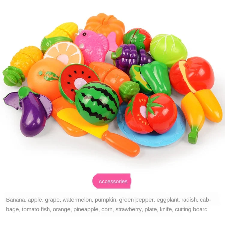 A colorful pretend play cutting set featuring various fruits and vegetables like banana, apple, grape, and tomato on a cuttin