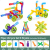 Set of 102 pipe building blocks in various colors and styles with included wheels
