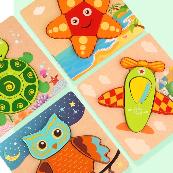 A set of wooden puzzles featuring cartoon animals and traffic themes for children.
