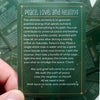 A green card with text about peace, love, and healing is shown against a dark background.
