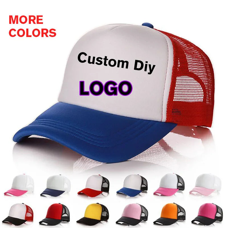 A variety of custom logo trucker hats in different colors and designs displayed on a white background.