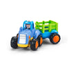 A 4-piece Kawaii mini construction vehicle toy set featuring a blue dump truck and a green truck with a driver.