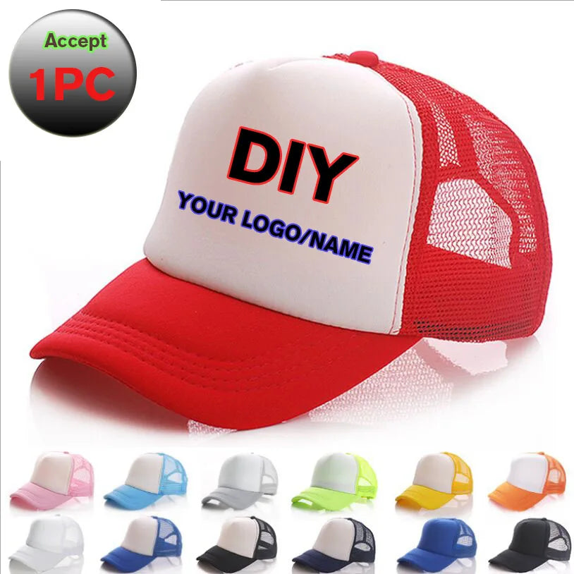 A white and red trucker hat with a DIY logo design on the front, shown in various colors.
