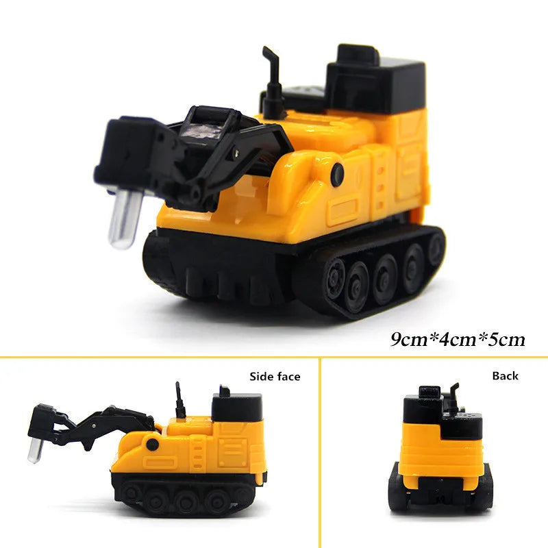 Yellow and black line-following robot car toy with a pen, shown from the side and back views.