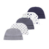 A collection of five baby hats featuring navy blue, white, and navy striped patterns with star designs.