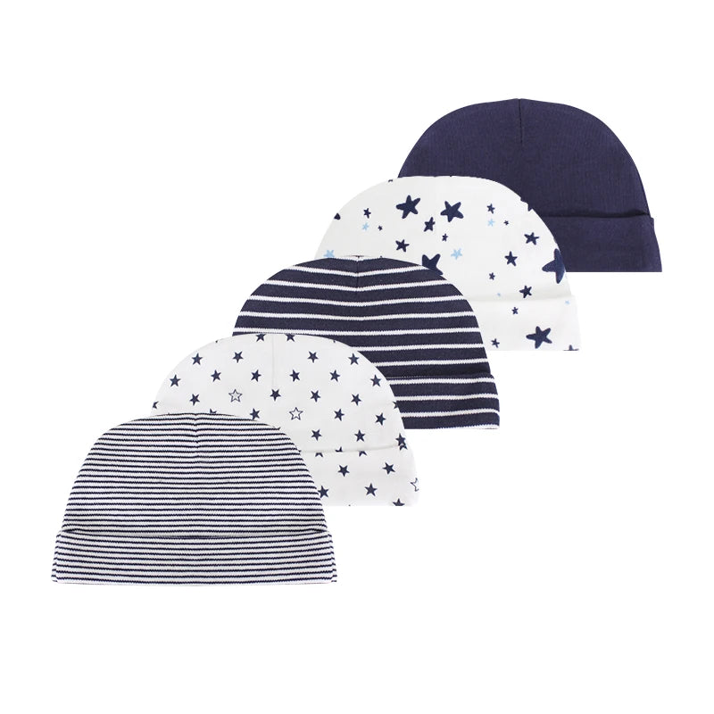 A collection of five baby hats featuring navy blue, white, and navy striped patterns with star designs.