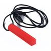 Red silicone chew necklace with a black cord and a textured silicone piece.