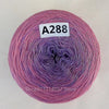 A spool of purple and pink rainbow gradient mercerized cotton cake yarn labeled A288