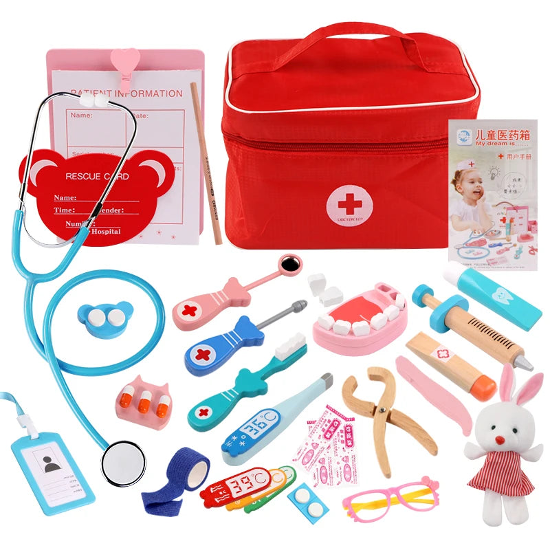 A red medical kit for pretend play featuring a stethoscope, syringe, thermometer, and various tools for children.