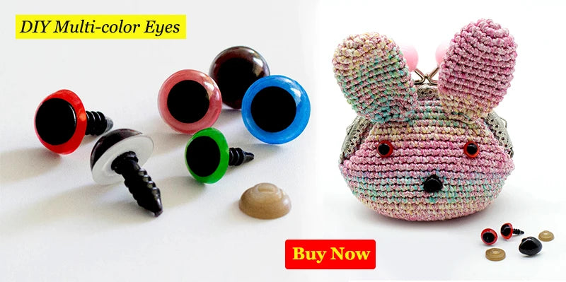 A crocheted rabbit toy featuring multi-colored plastic safety eyes.