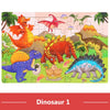 A jigsaw puzzle featuring various dinosaurs, including a large orange Tyrannosaurus Rex and other prehistoric creatures.
