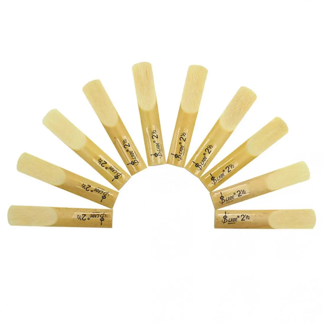 A pack of ten bamboo clarinet reeds with strength 2.5 arranged in a semi-circle.