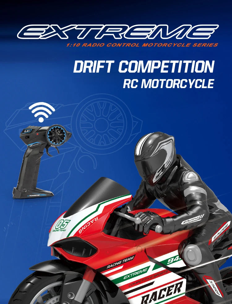 A black and red RC motorcycle is shown in a racing stance with a rider, next to a remote control transmitter.
