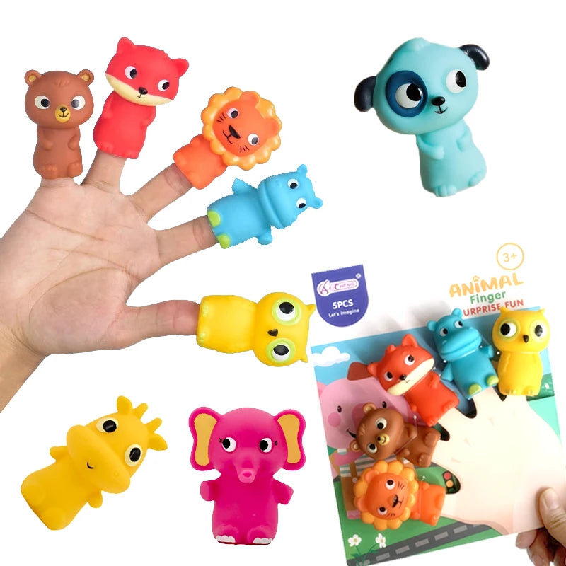 A hand holds various animal finger puppets including a brown bear, red fox, blue elephant, yellow lion, and pink elephant.