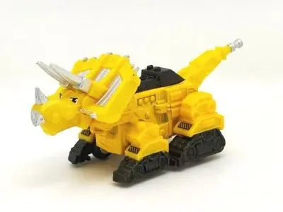 A yellow die-cast dinosaur truck toy with a removable dino figure.