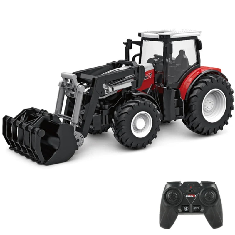 A black remote control tractor model with a trailer and lights is shown next to its controller.