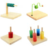 Wooden Montessori sensory toy set featuring wooden blocks and green and yellow manipulative pieces.