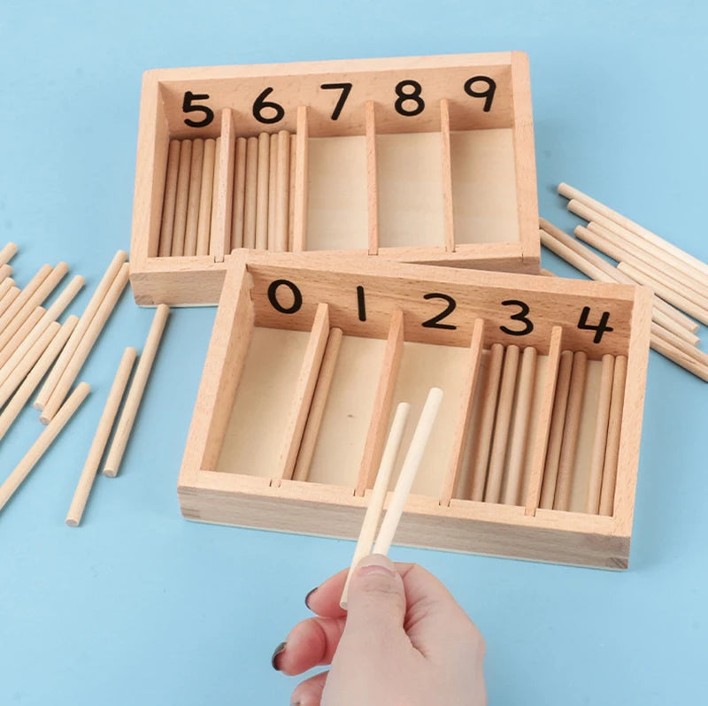 A wooden Montessori math learning set featuring a spindle box with numbered geometric shapes and wooden sticks.
