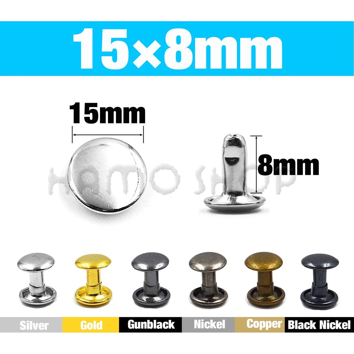 A set of metal double cap rivets in various finishes including silver, gold, gunblack, nickel, copper, and black nickel.