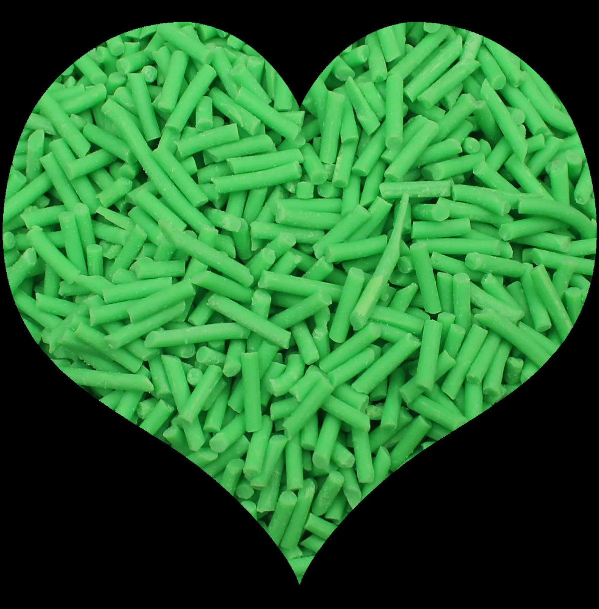 A heart shape filled with bright green cylindrical polymer clay candy sprinkles for cake decorating