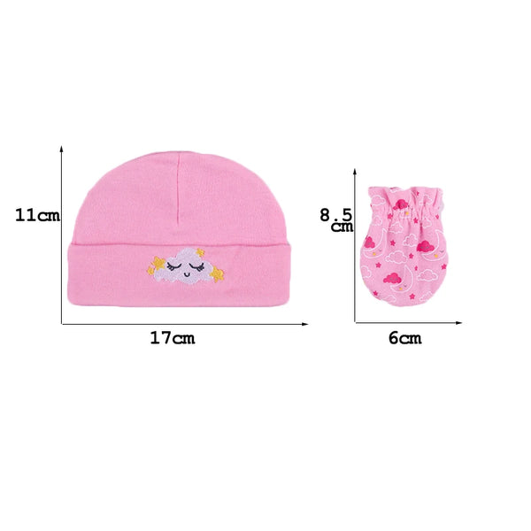 Pink knitted baby hat with a cloud design and matching pink ruffled mittens