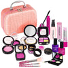 A pink kids pretend play makeup set featuring various cosmetic items and a safe mirror.