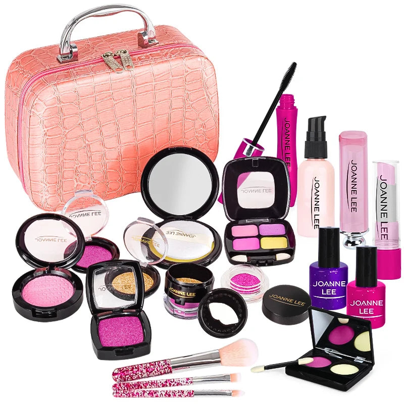 A pink kids pretend play makeup set featuring various cosmetic items and a safe mirror.