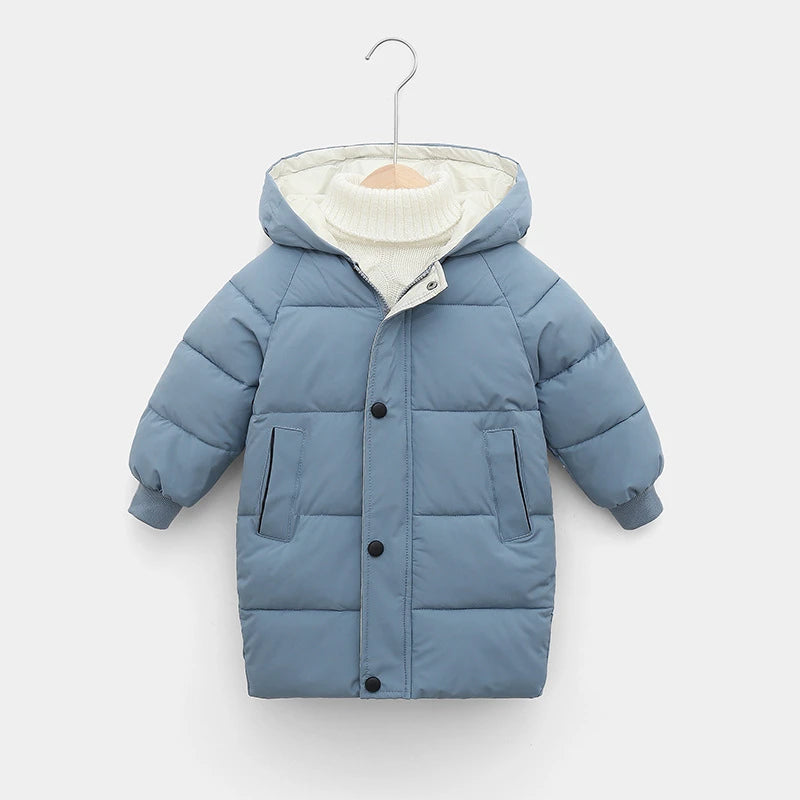 A light blue kids' padded parka jacket with a cream sherpa hood displayed on a hanger.