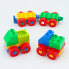 A set of city traffic vehicle building blocks featuring yellow and green trucks and buses.