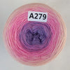 A spool of pink and purple rainbow gradient mercerized cotton cake yarn labeled A279