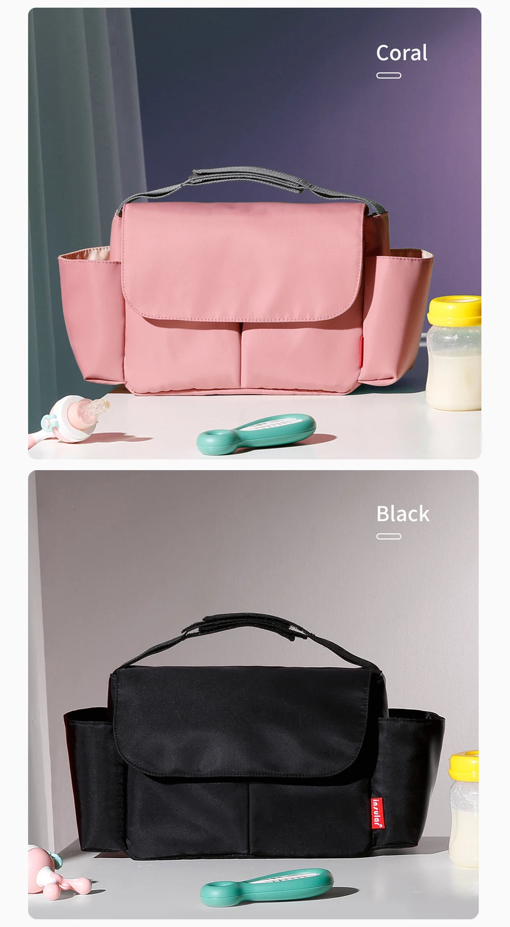 A pink bottle holder and a black bottle holder are displayed next to a baby bottle and a green silicone cup.