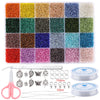 A collection of 24 colors of glass seed beads in various shades and sizes, along with a pair of pliers and storage containers