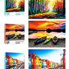 A collection of jigsaw puzzles featuring vibrant landscapes and cityscapes.