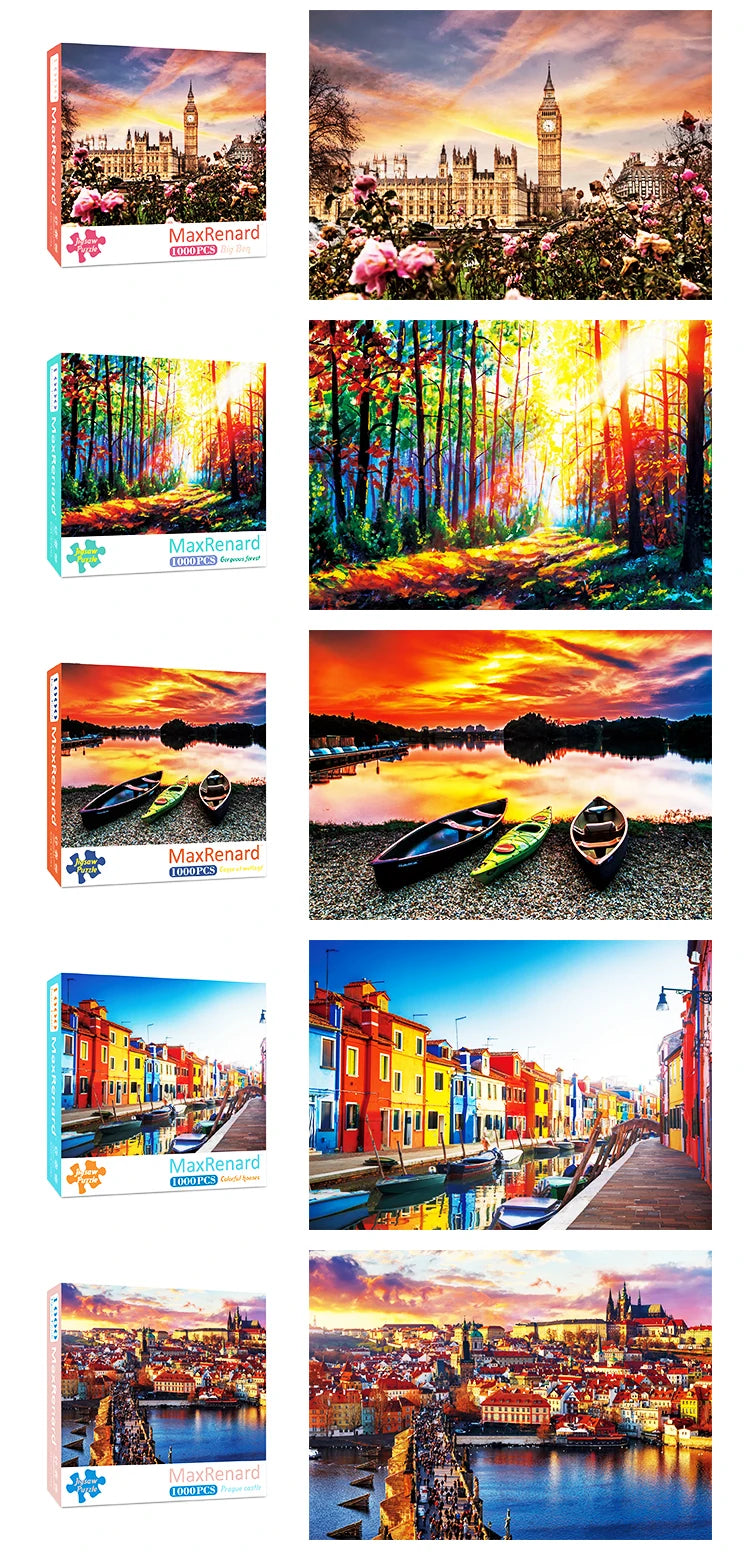 A collection of jigsaw puzzles featuring vibrant landscapes and cityscapes.