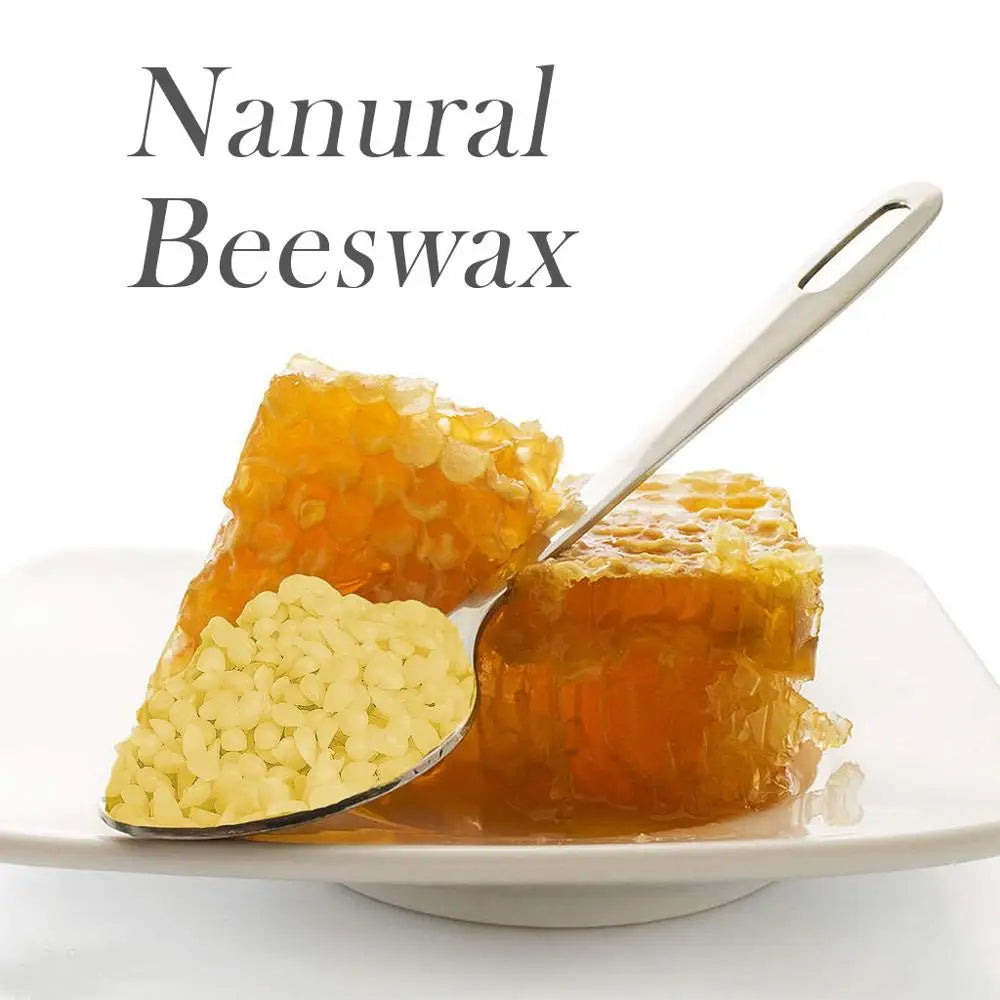 A spoonful of natural beeswax is shown on a white plate, next to a piece of solidified beeswax.