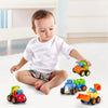 A baby is sitting on the floor surrounded by a 4-piece Kawaii mini construction vehicle toy set in various colors.