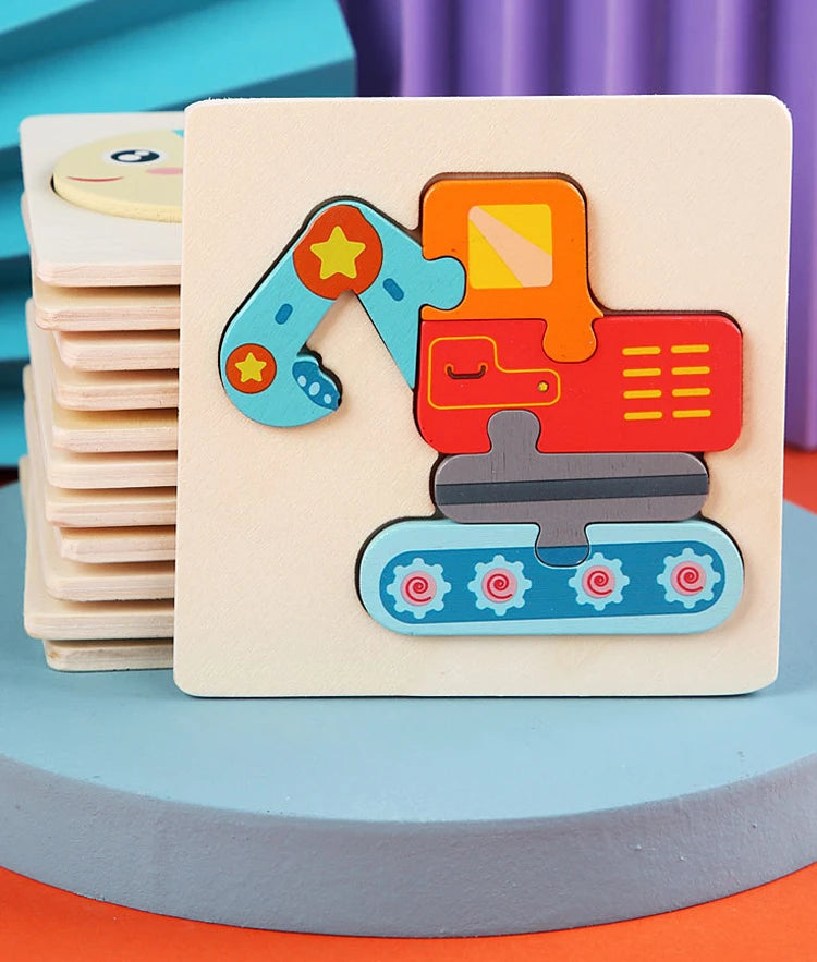 A wooden puzzle featuring a colorful cartoon animal truck for kids early learning.