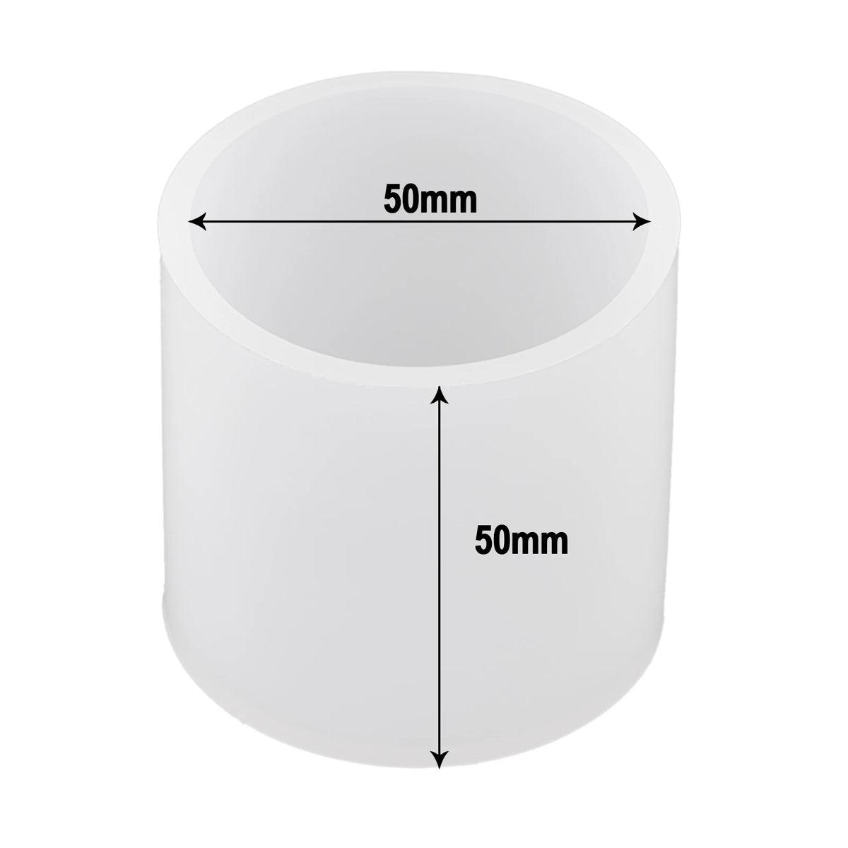 A white cylindrical resin casting mold with dimensions of 50mm by 50mm.