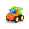 A bright orange and green mini construction vehicle toy set with a blue cab and large wheels.