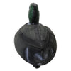 A dark green and black floating duck decoy with a keel, shown from the back.