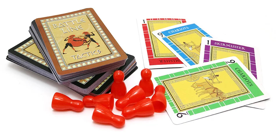 A stack of Battle Line tactics cards and several red game pieces are displayed on a white background.