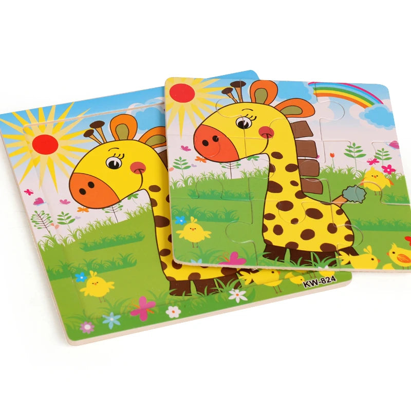 A set of wooden learning puzzles featuring colorful cartoon giraffes and a rainbow on a green background.