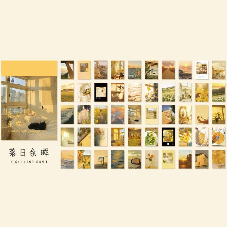 A collection of 50 aesthetic landscape and art designs for a sticker book featuring nature scenes, sunsets, and landscapes.