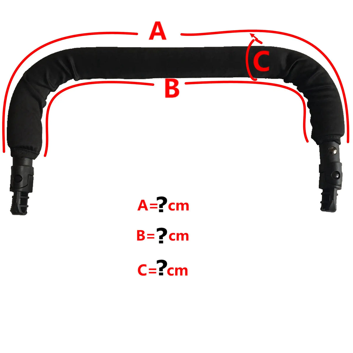 Black leather handle cover for a stroller, showing different measurements A, B, and C.