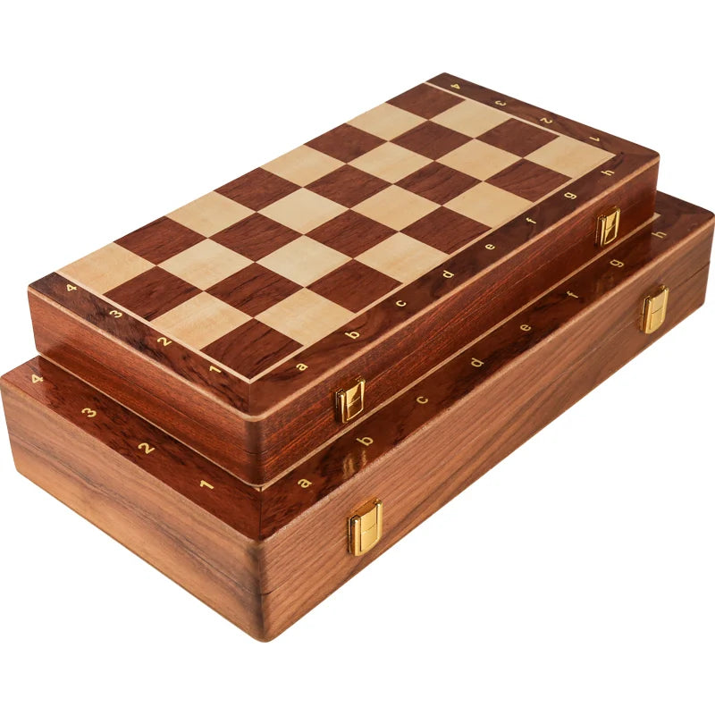 Handcrafted wooden folding chess set with solid walnut pieces featuring a checkered board and wooden box.