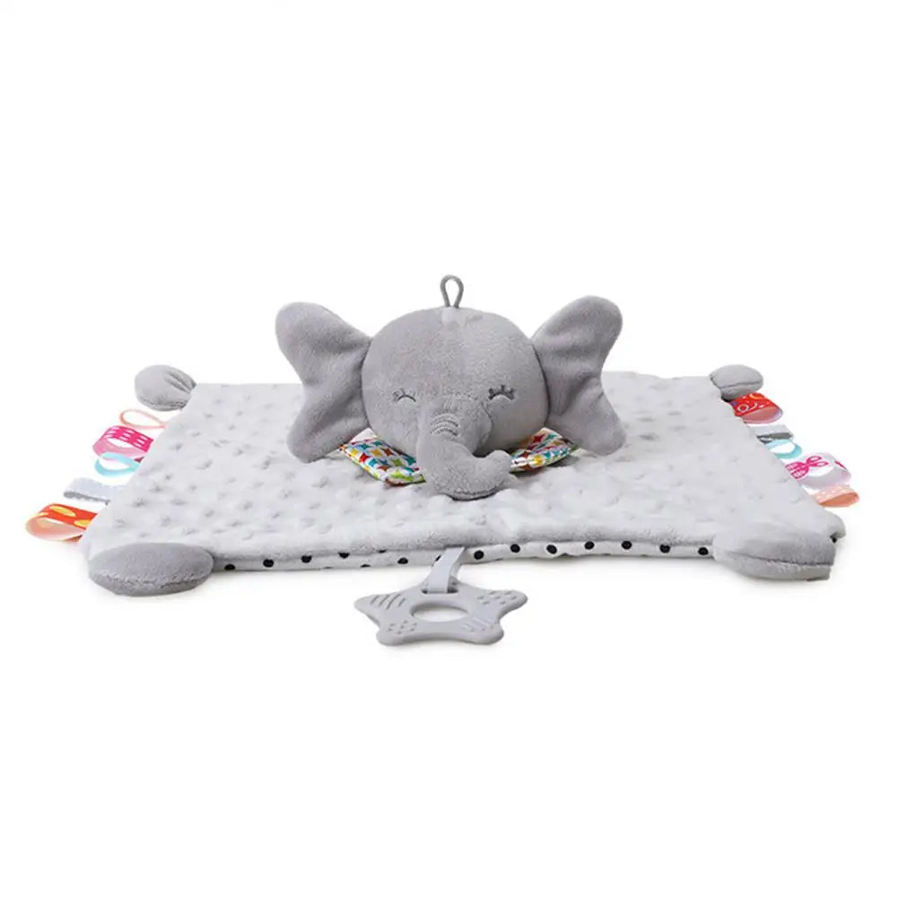 A gray elephant plush baby comforter security toy with a teether.