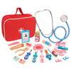 A red medical kit for pretend play including a stethoscope, various tools, and bandages.